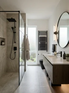 Matte black fixtures in a modern bathroom.