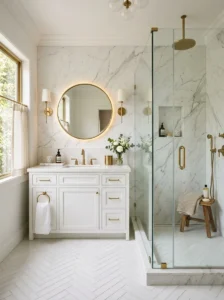 Bathroom with white herringbone tile flooring.