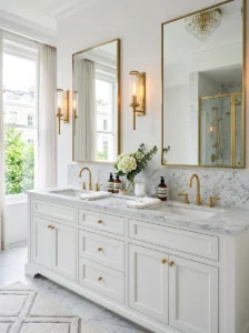Bathroom featuring white marble countertops.