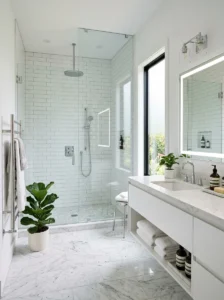 White bathroom with frameless glass shower enclosure.
