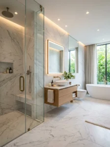 Large-format tiles creating a seamless modern bathroom.