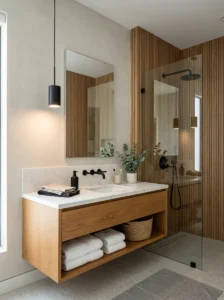 Modern pendant light above a bathroom vanity.