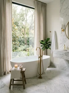 White freestanding bathtub in luxury bathroom.