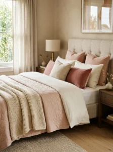 Layered romantic bedding with throws and decorative pillows.