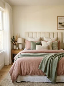 Romantic bedding in dusty rose and muted neutral tones.