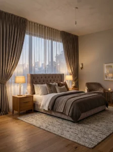 t: Velvet blackout curtains in a romantic bedroom.