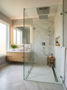 Curbless shower creating an open bathroom layout.