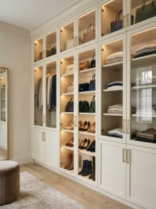 Glass-front dressing room cabinets displaying organized handbags, shoes and accessories.