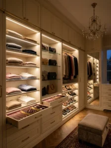 Dressing room shelving and drawers illuminated by warm integrated LED strip lighting.