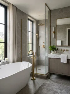 Gray bathroom featuring warm brass fixtures.