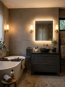 Gray bathroom with warm ambient lighting.