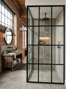 : Industrial bathroom with a black metal-framed glass shower enclosure.