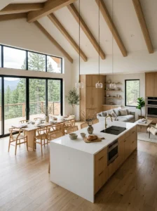 Bright open-concept kitchen connected to living area.