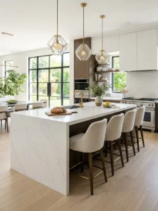 Modern kitchen island layout with seating.