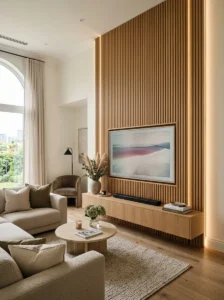 Fluted wood panel feature behind television.