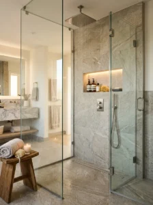 Curbless walk-in shower in a modern bathroom.