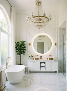 White bathroom with elegant statement lighting.
