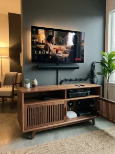 TV room media console with ventilated storage for streaming and sound equipment.