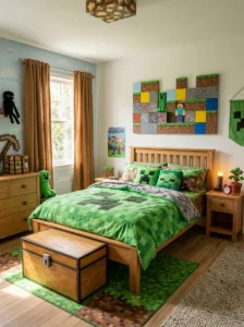 Minecraft bedroom decorated with green and brown colors.