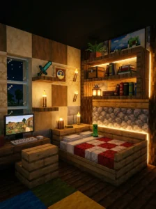 Minecraft bedroom with torch-style LED lighting.