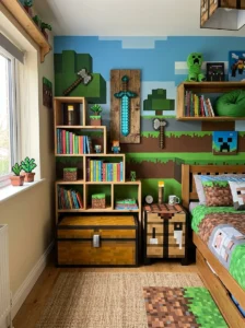 Complete DIY Minecraft bedroom with handcrafted gaming-inspired furniture and decor.