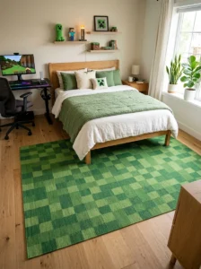 Minecraft pixel area rug beneath the bed.
