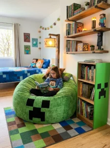 Minecraft reading corner with Creeper chair and bookshelf.