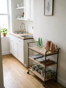 Small kitchen with a slim bar cart providing extra storage along an unused wall.