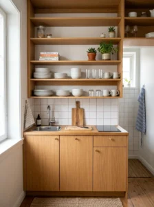 Mini kitchen using open wood shelves to maximize vertical storage.