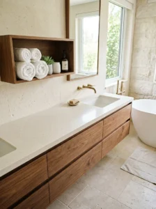 Clutter-free bathroom shelf with everyday toiletries organized inside a vanity drawer.