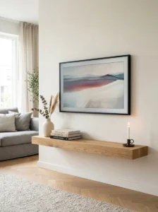 Floating wood shelf beneath a wall-mounted TV.