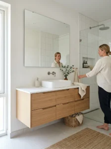 Handleless cabinetry creating clean bathroom lines.
