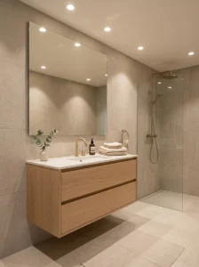 Geometric hexagon tiles in a modern bathroom.