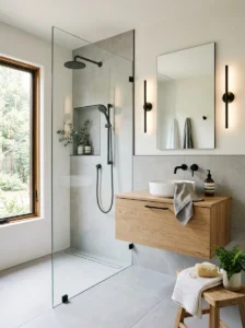 Neutral color palette in a modern bathroom.