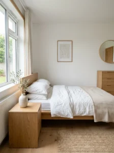 Minimalist bedroom styled with linen Roman shades.