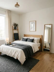 Minimalist bedroom decorated with three calming neutral colors.