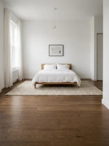 Minimalist bedroom with a completely clear floor.