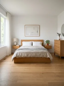 Minimalist bedroom furnished with only essential furniture.