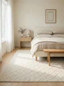 Serene neutral bedroom with an ivory area rug featuring subtle raised woven texture.