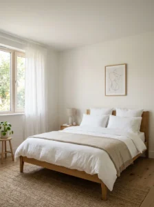 Minimalist bedroom with soft warm white walls.