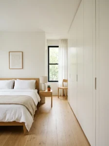Minimalist bedroom with clean closed closet doors.