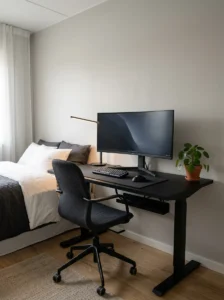 Minimalist gamer bedroom with ultrawide monitor, matte black desk and hidden cable management.