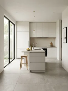 Minimalist kitchen with large-format light gray porcelain flooring.