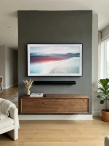 Wall-mounted TV setup with neatly concealed cables and an uncluttered media console.