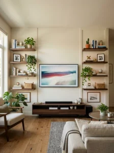 TV wall with symmetrical shelving.