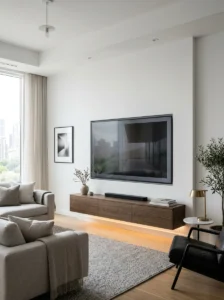 Wall-mounted TV with hidden cable management.