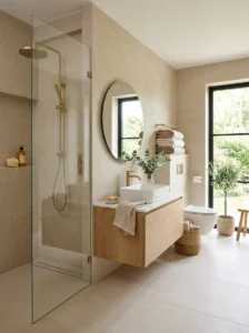 Modern bathroom with large-format porcelain tiles and minimal grout lines