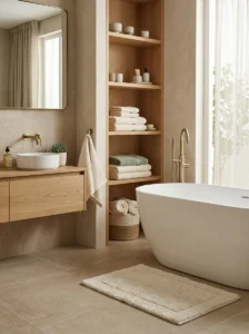 Cream bathroom towels coordinated with a matching bath mat for a cohesive spa-like look.