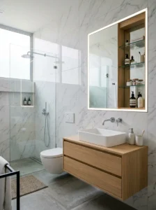 Recessed medicine cabinet adding hidden bathroom storage.
