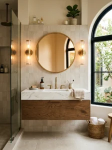 Bathroom vanity illuminated with wall sconces.